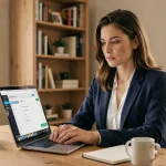 Femme consultant son application bancaire en ligne sur un ordinateur portable dans un bureau à domicile sécurisé