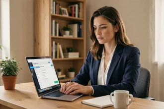 Femme consultant son application bancaire en ligne sur un ordinateur portable dans un bureau à domicile sécurisé