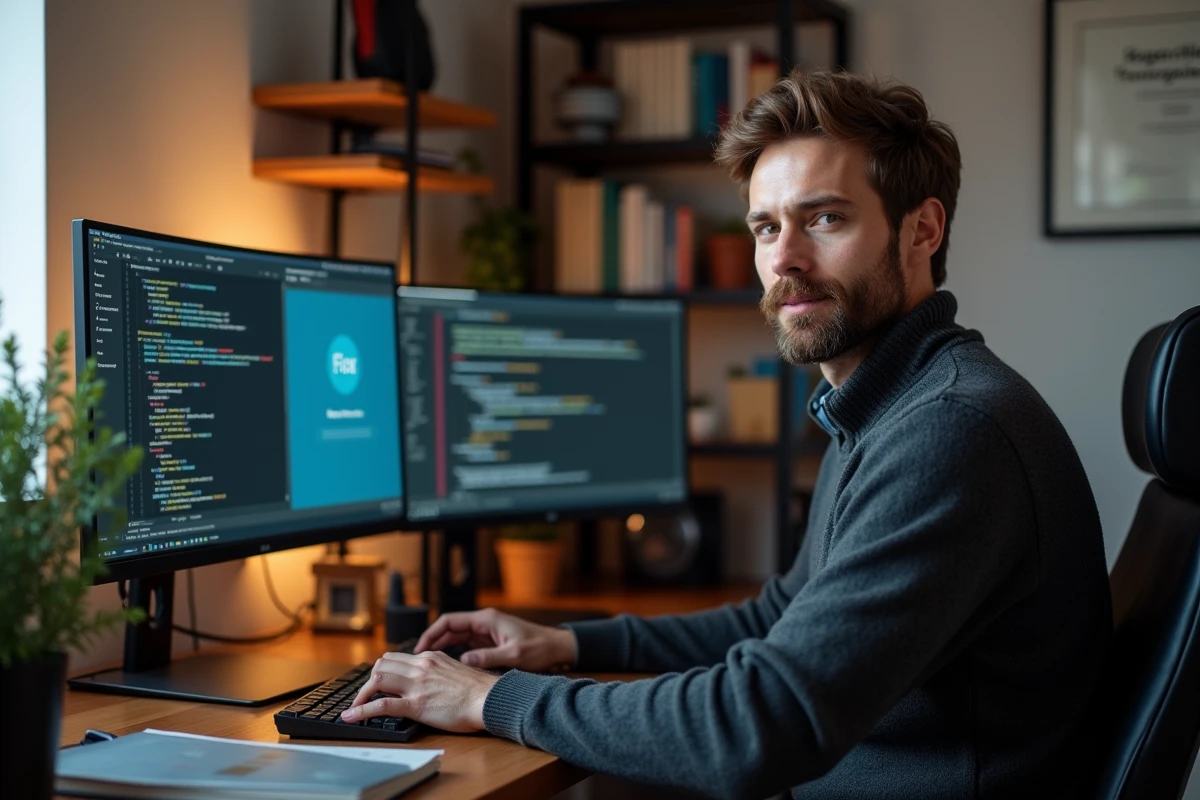Personne en reconversion professionnelle travaillant en télétravail sur un poste informatique à domicile