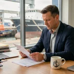 Recruteur de l'industrie nautique examinant des candidatures dans un bureau moderne avec vue sur un chantier naval
