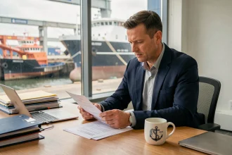 Recruteur de l'industrie nautique examinant des candidatures dans un bureau moderne avec vue sur un chantier naval