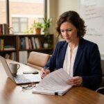 Responsable associative étudiant des documents d'assurance dans un bureau moderne