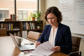 Responsable associative étudiant des documents d'assurance dans un bureau moderne