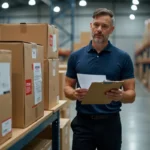 Responsable logistique analysant les coûts de livraison express dans un entrepôt avec des colis de différentes tailles
