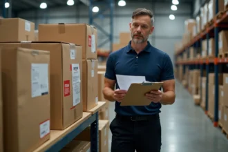 Responsable logistique analysant les coûts de livraison express dans un entrepôt avec des colis de différentes tailles