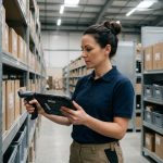 Responsable logistique scannant des codes-barres dans un entrepôt moderne pour optimiser la gestion des stocks
