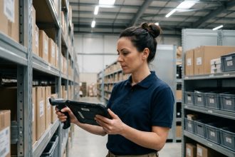 Responsable logistique scannant des codes-barres dans un entrepôt moderne pour optimiser la gestion des stocks
