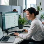 Responsable RH analysant un tableau de bord de recrutement sur un écran d'ordinateur dans un bureau moderne