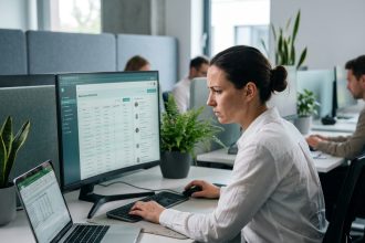 Responsable RH analysant un tableau de bord de recrutement sur un écran d'ordinateur dans un bureau moderne