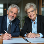 Homme et femme d'affaires discutant de documents dans un bureau moderne