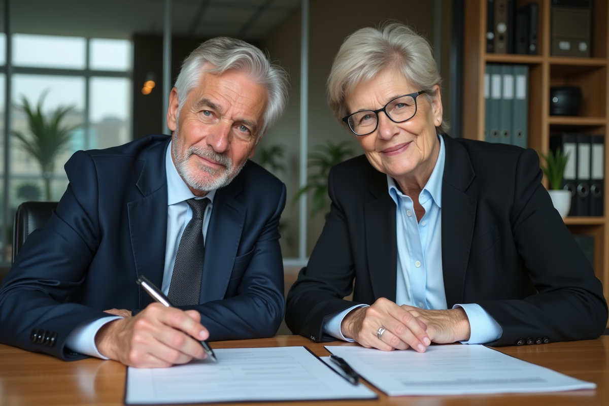 Homme et femme d'affaires discutant de documents dans un bureau moderne