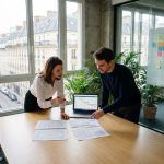 Réunion de travail entre une cliente et un développeur web dans une agence parisienne pour discuter du lancement d'un site internet
