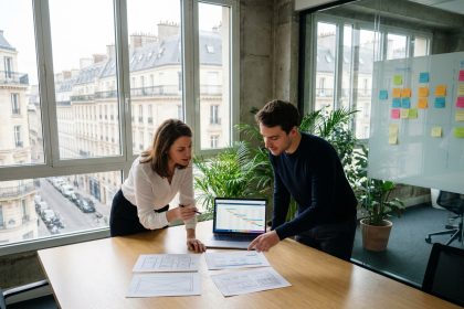 Réunion de travail entre une cliente et un développeur web dans une agence parisienne pour discuter du lancement d'un site internet
