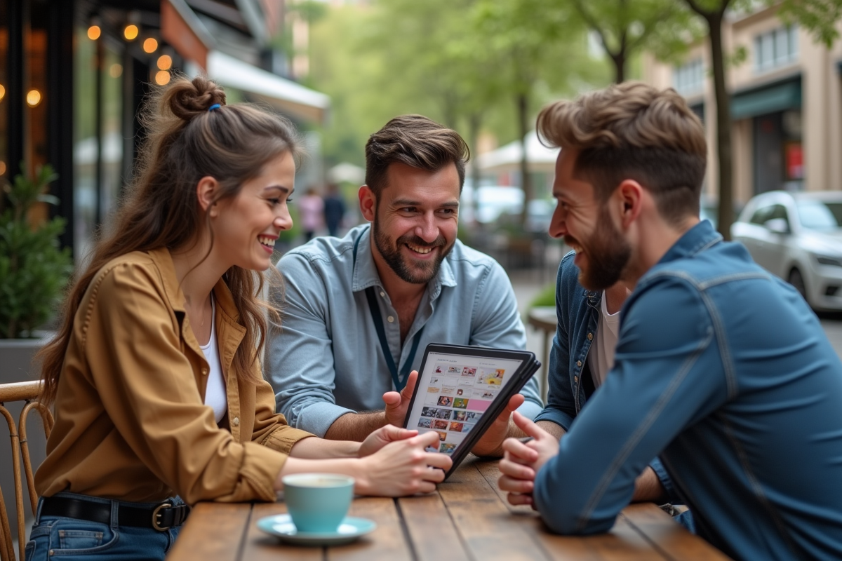 Groupe créatif en réunion détendue au café en plein air