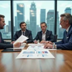 Réunion professionnelle en salle de conseil avec des dirigeants analysant des documents juridiques liés au statut et à la structure d'une entreprise