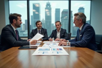 Réunion professionnelle en salle de conseil avec des dirigeants analysant des documents juridiques liés au statut et à la structure d'une entreprise