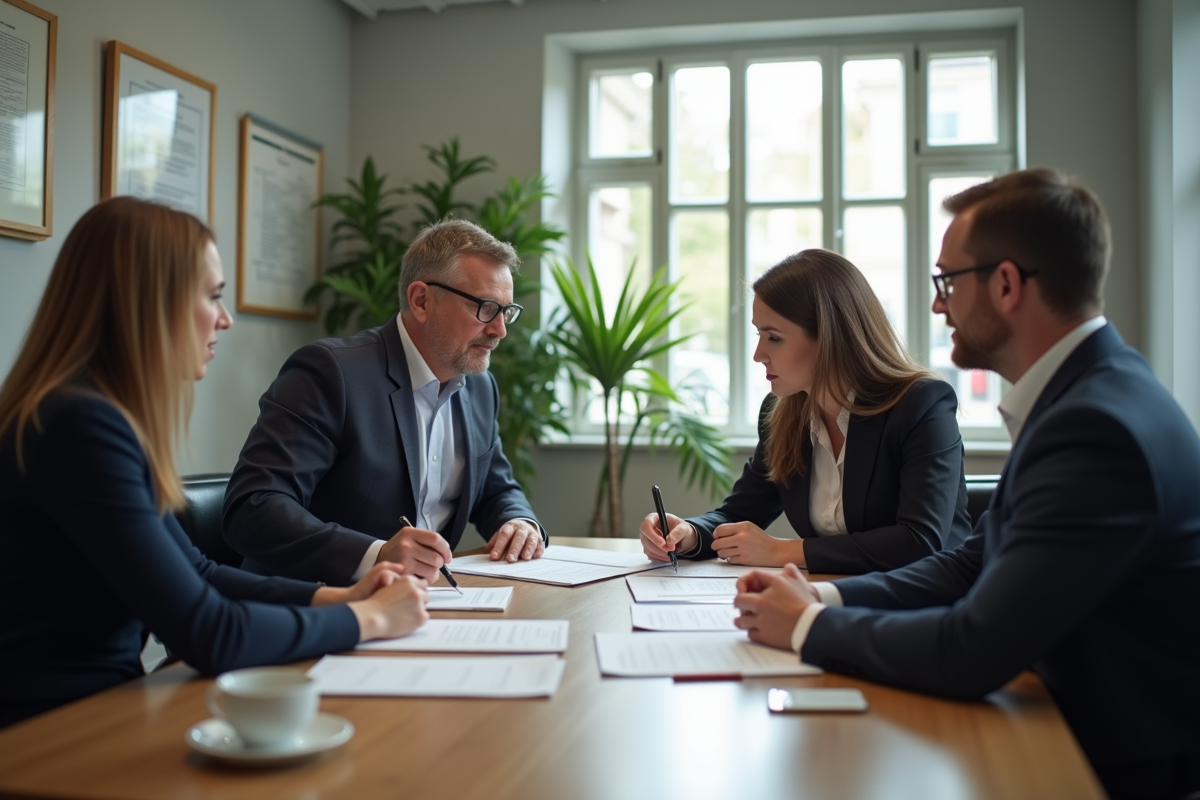 Réunion entre locataire et propriétaire à un bureau professionnel