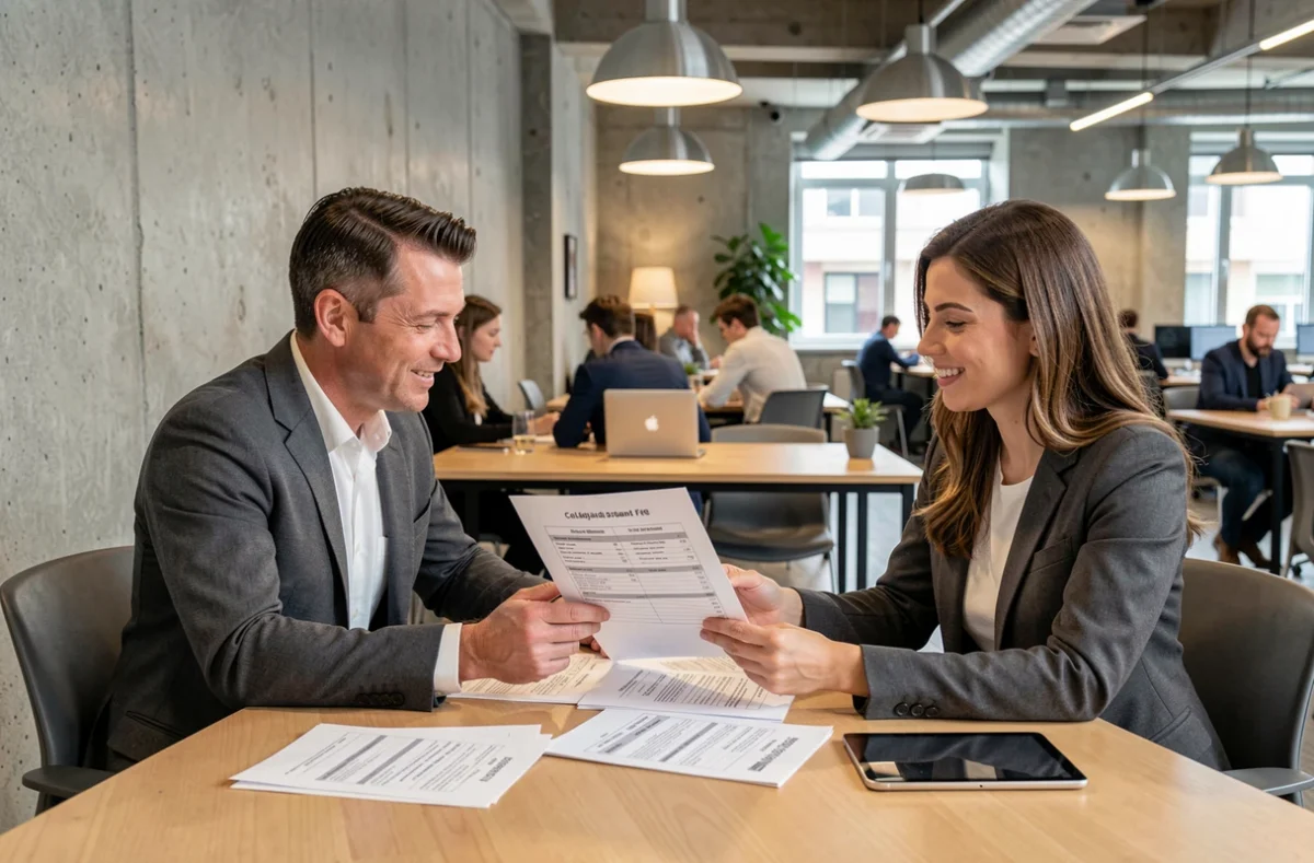 Deux professionnels en portage salarial discutant des frais et du coût réel de leur contrat dans un espace de coworking