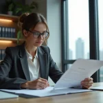 Femme d'affaires révisant les documents d'objet social de son entreprise dans un bureau professionnel moderne