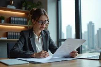 Femme d'affaires révisant les documents d'objet social de son entreprise dans un bureau professionnel moderne