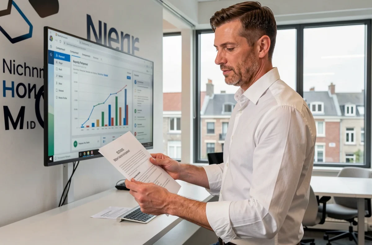 Consultant SEO de Rhillane Marketing Digital à Niort analysant un rapport de stratégie de référencement dans un bureau moderne