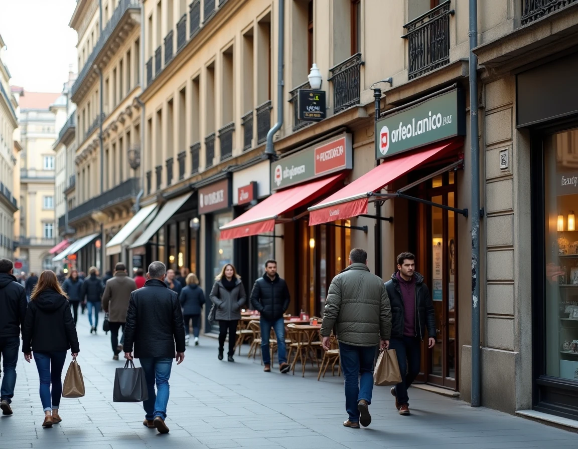 Rue commerciale animée avec des commerces et services tertiaires dans une ville européenne