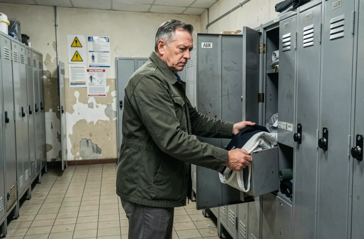 Salarié rangeant ses affaires dans un vestiaire d'usine lors de son dernier jour de travail en horaires décalés 5x8
