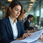 Professionnelle du secteur tertiaire travaillant dans un bureau moderne avec des documents et des écrans d'ordinateur