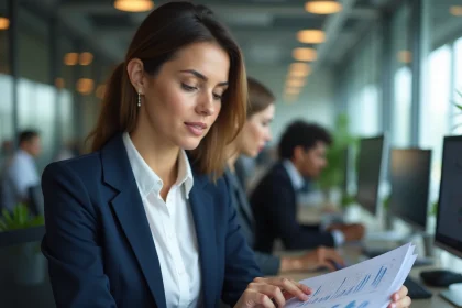 Professionnelle du secteur tertiaire travaillant dans un bureau moderne avec des documents et des écrans d'ordinateur