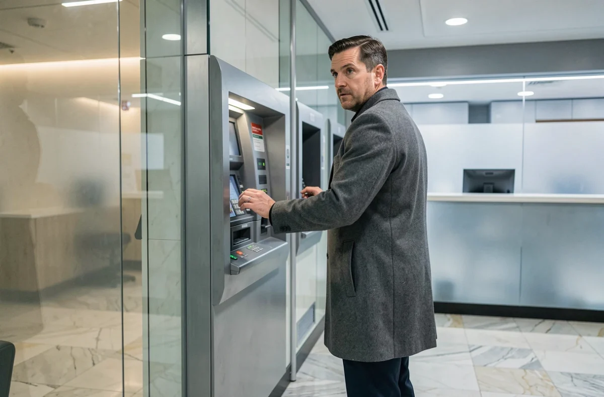 Homme protégeant son code PIN au distributeur automatique dans une agence bancaire moderne
