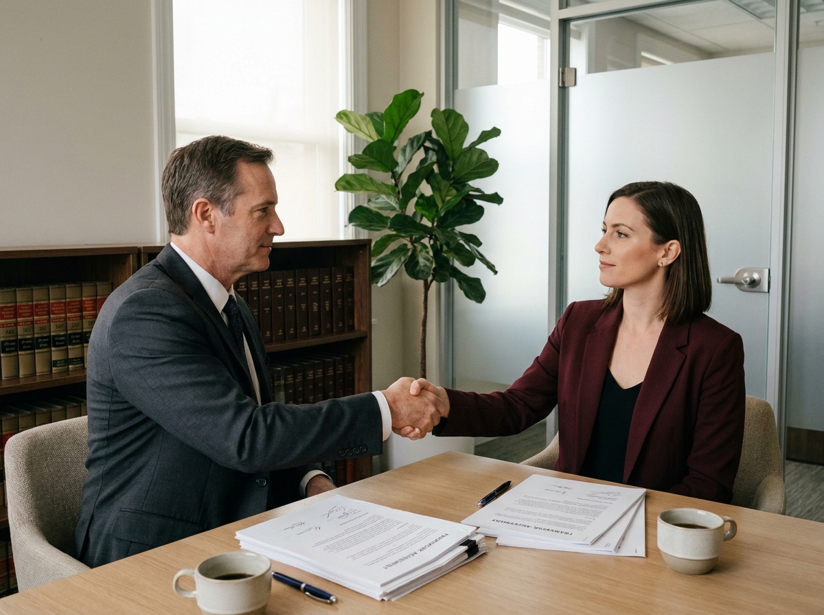 Deux professionnels signant un accord de contrat cadre dans un bureau juridique