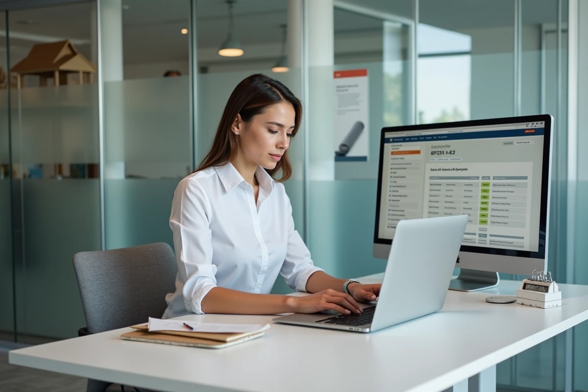 Femme utilisant un simulateur de devis BTP en ligne sur ordinateur dans un bureau de construction moderne