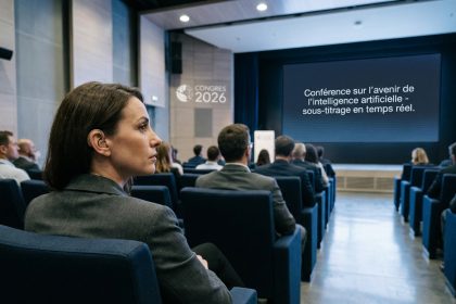 Femme malentendante suivant un événement professionnel grâce au sous-titrage en direct sur grand écran