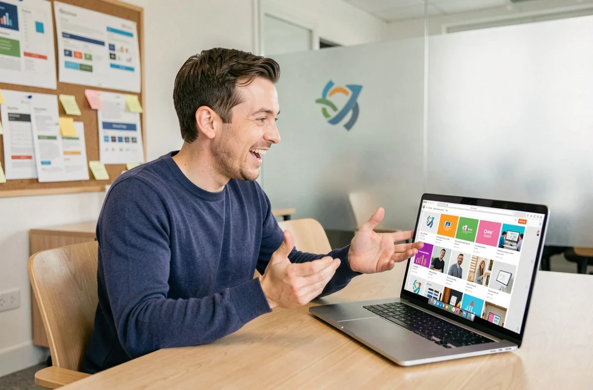 Responsable de l'agence Sparkana dans les Deux-Sèvres présentant un portfolio de projets web sur ordinateur portable