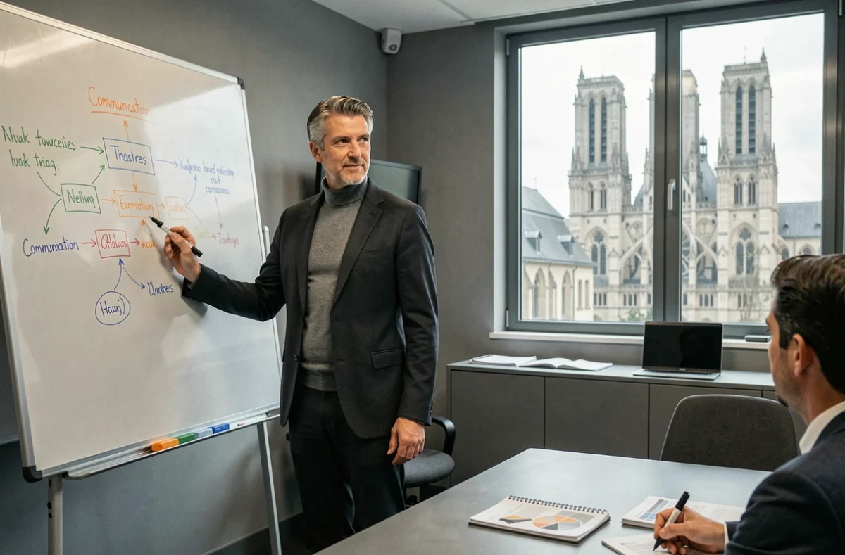 Consultant de Stratops à Chartres élaborant une stratégie de communication sur tableau blanc avec un client
