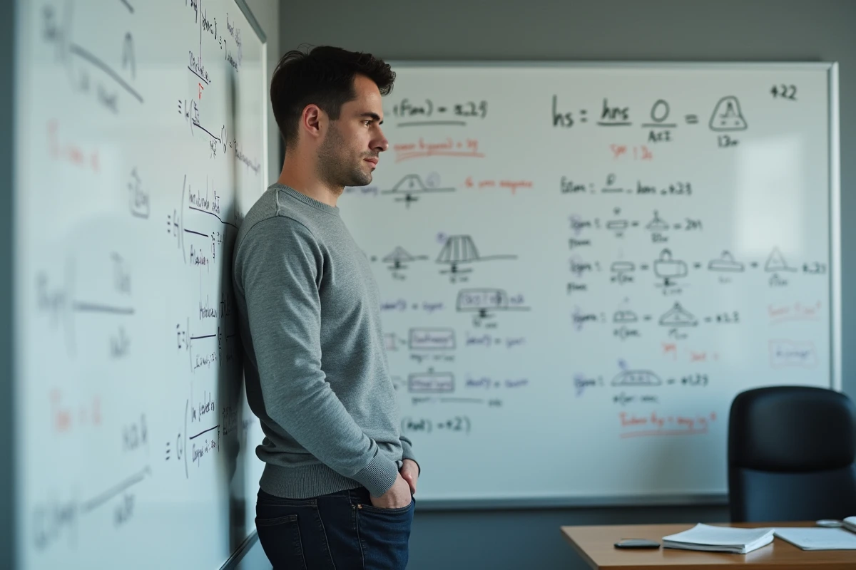 Homme grand et mince devant un tableau blanc avec des formules d'intelligence artificielle, représentant un profil de chercheur en IA comme Arthur Mensch