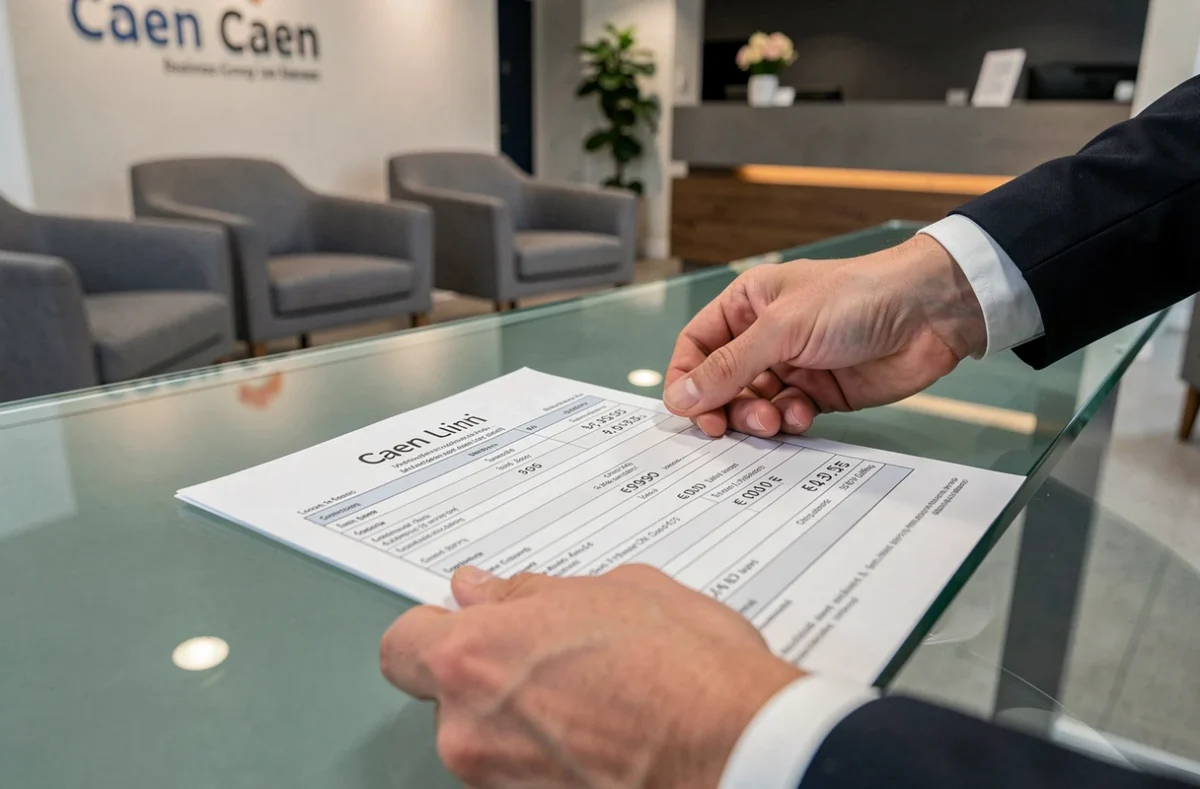 Agent immobilier présentant un tarif de location de bureau et un contrat de bail dans un centre d'affaires à Caen