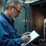 Technicien en overalls inspectant une machine CNC dans un atelier