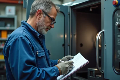 Technicien en overalls inspectant une machine CNC dans un atelier