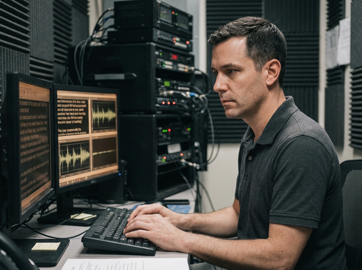 Technicien de sous-titrage en direct travaillant sur un système de transcription en temps réel lors d'un événement