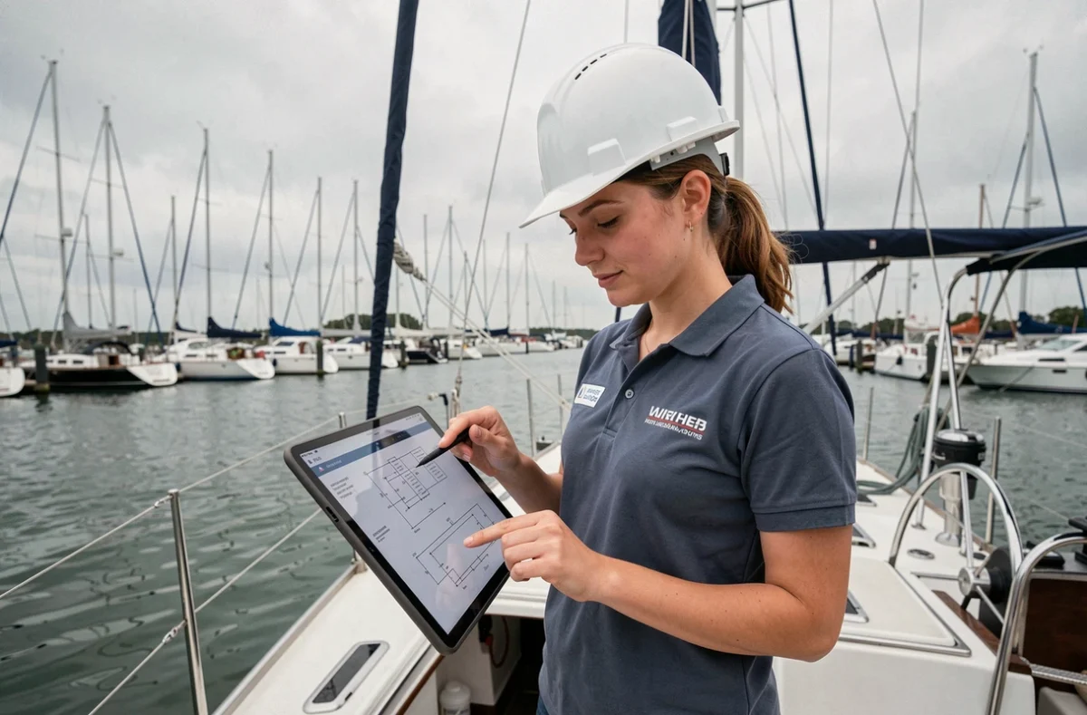Technicienne nautique consultant des plans sur tablette à bord d'un voilier dans une marina professionnelle