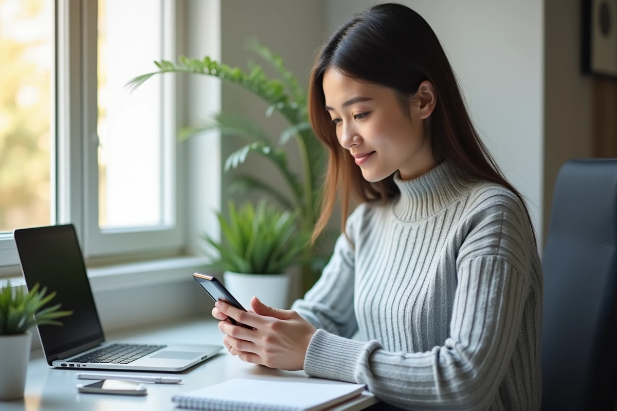 Femme en télétravail utilisant l'application Ma Box RH La Poste sur smartphone depuis son bureau à domicile