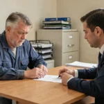 Travailleur en bleu de travail discutant d'un contrat de travail avec un employeur dans un bureau administratif modeste
