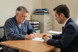 Travailleur en bleu de travail discutant d'un contrat de travail avec un employeur dans un bureau administratif modeste