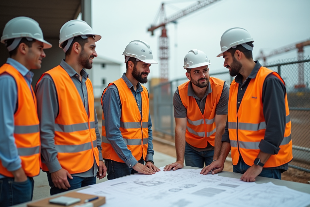 Groupe de travailleurs en vestes haute visibilité sur un chantier