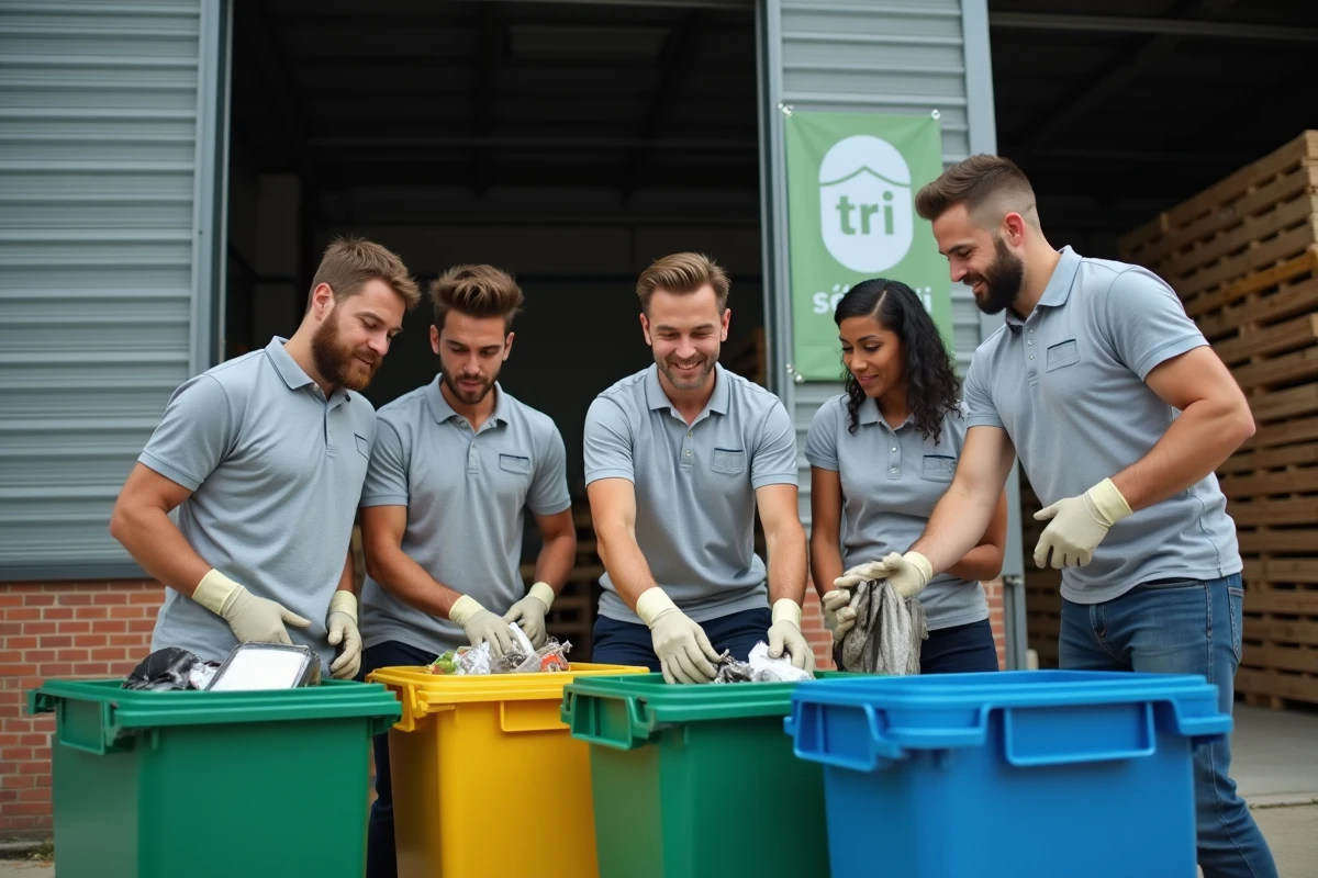 Équipe d'employés triant des matériaux recyclables sur un quai industriel dans le cadre d'une action RSE concrète