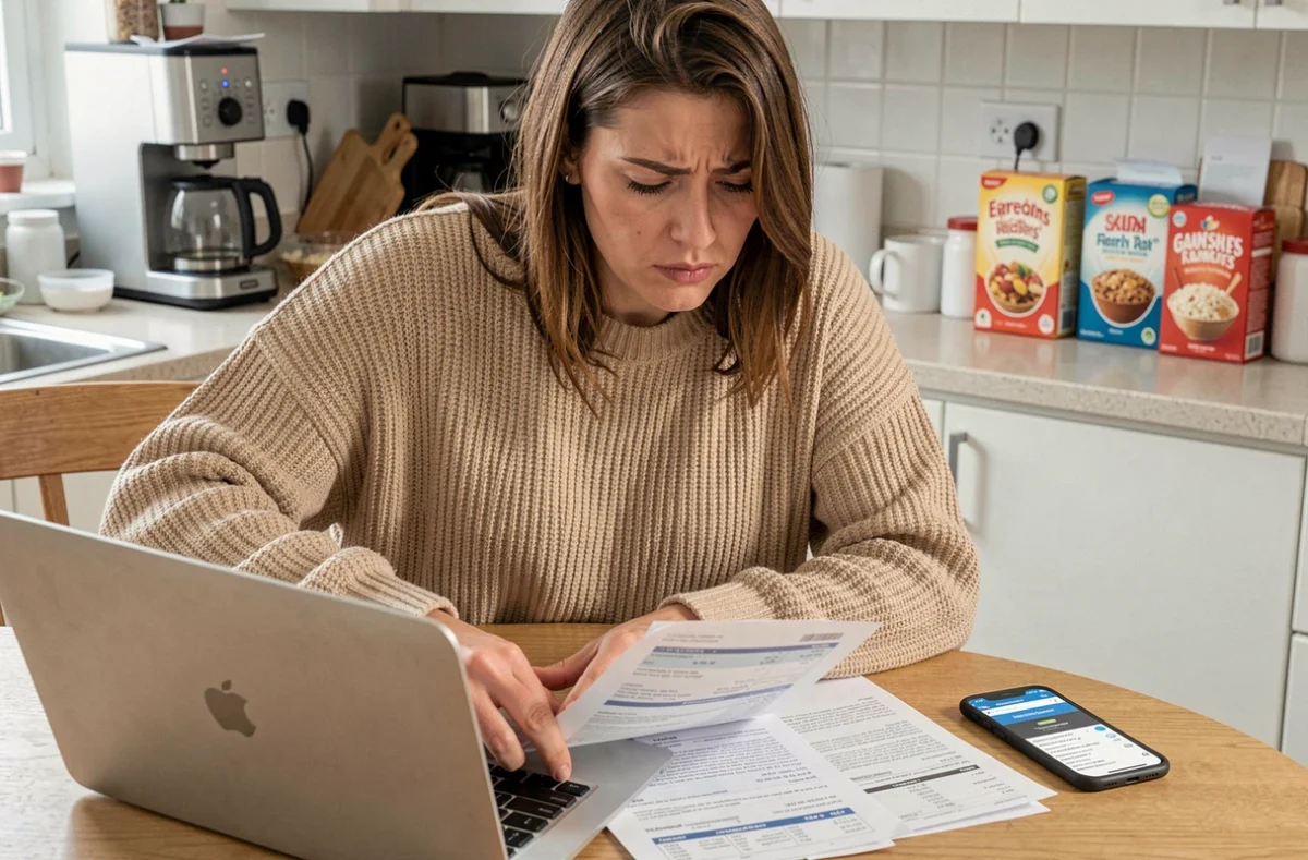 Femme consultant ses fiches de paie et un site officiel pour vérifier ses cotisations Urssaf depuis chez elle