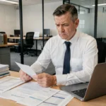 Comptable en portage salarial examinant des documents administratifs Urssaf dans un bureau moderne