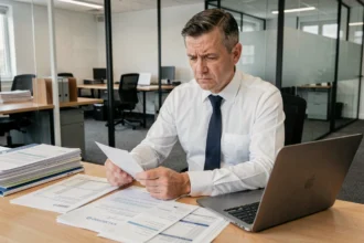Comptable en portage salarial examinant des documents administratifs Urssaf dans un bureau moderne