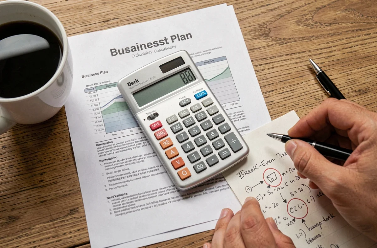Vue aérienne d'un bureau avec calculatrice, plan financier et notes manuscrites pour le calcul du seuil de rentabilité B2B